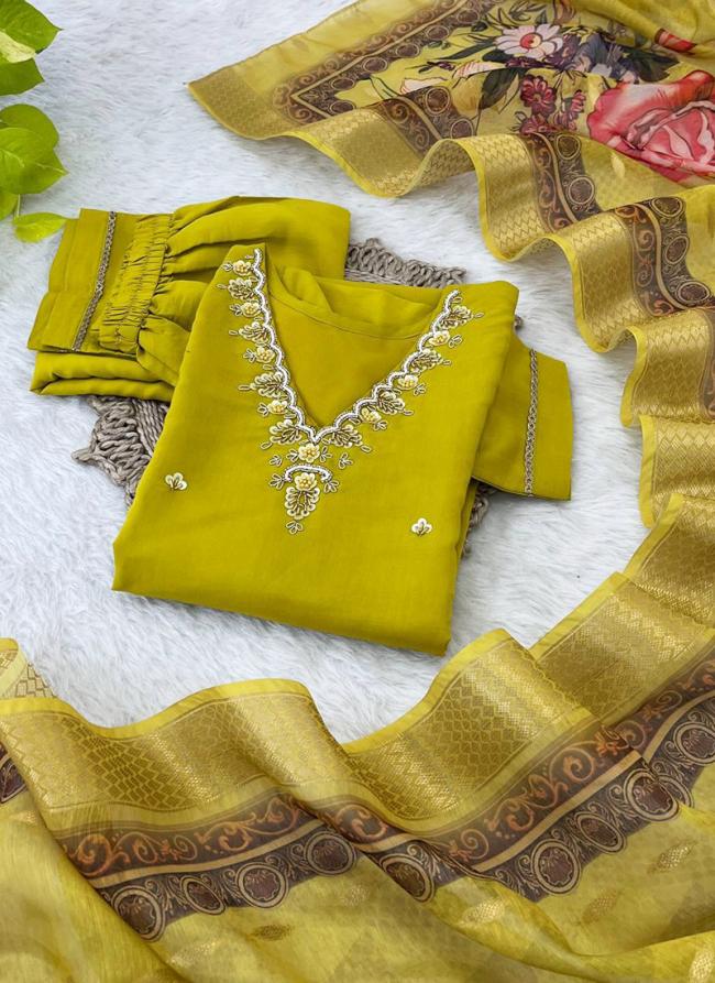 Roman Silk Yellow Festival Wear Hand Work Readymade Kurti Set